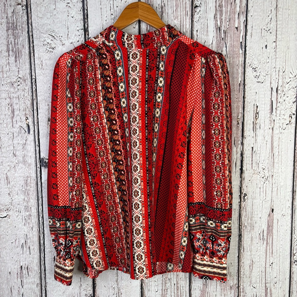 LOFT Tie-Back Multicolor Blouse Size‎ Medium Blouson Sleeves Red Patterned Top